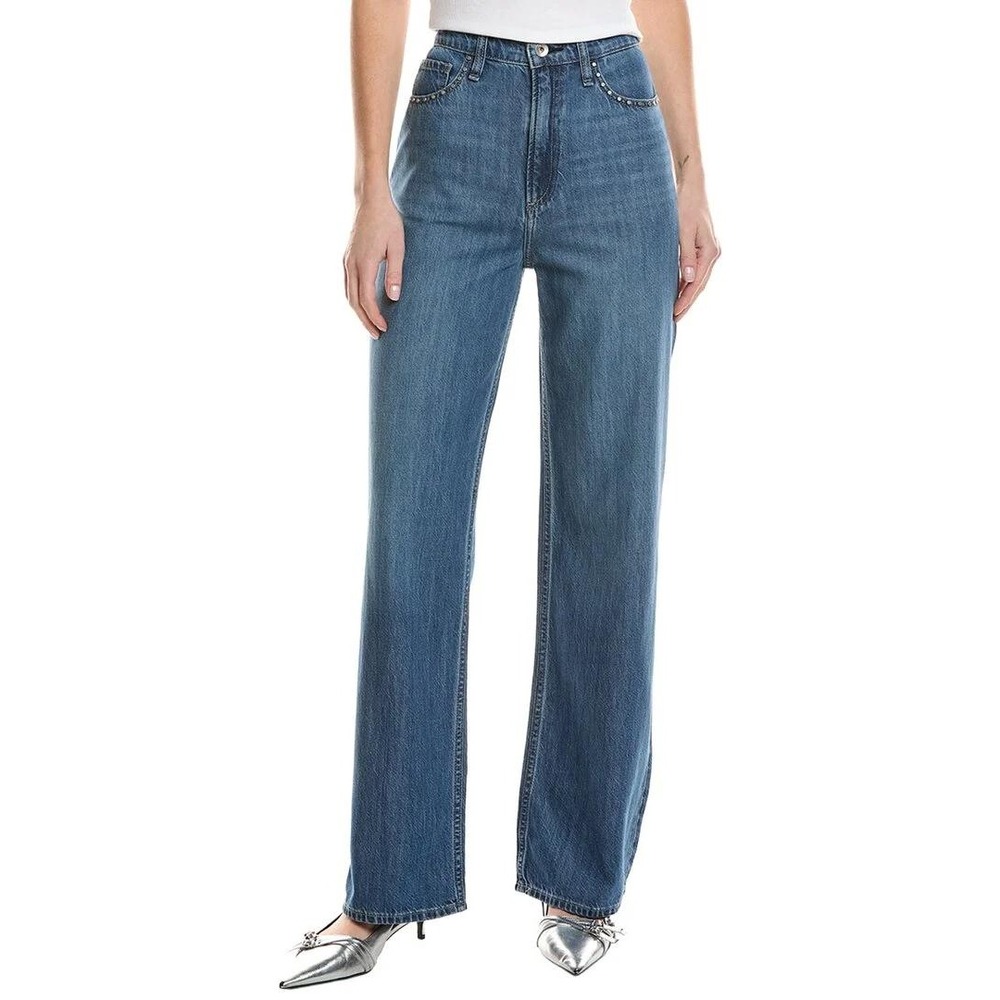 NWT Rag & Bone Womens Lori Mid-Rise Wide Leg Studded Blue Jeans Size 34
